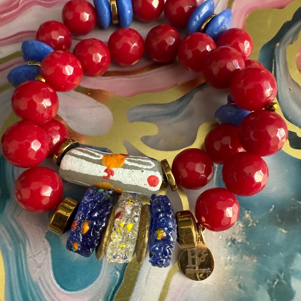 Elegant Red and Blue Beaded Bracelet